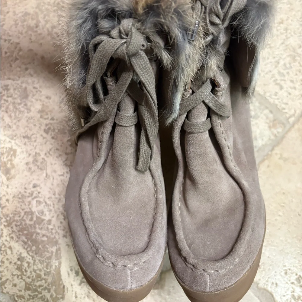 Coach Taupe Suede Wedge Winter Boots with Fur Cuff